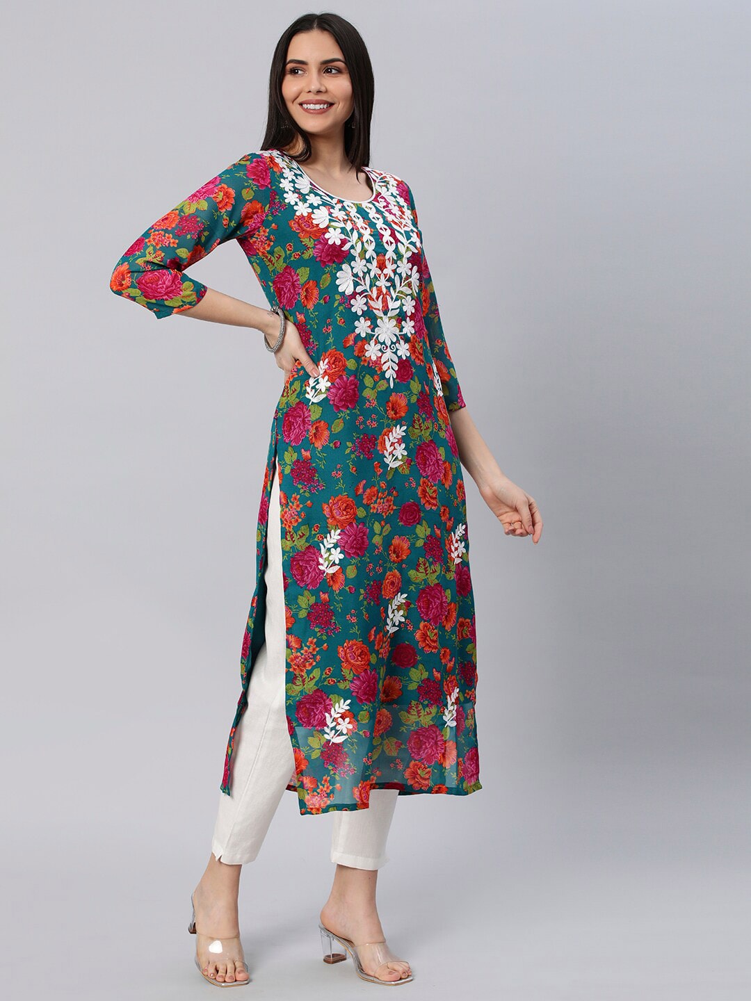 Kalini Floral Printed Chikankari Embroidered Straight Kurta | Swadesiicart
