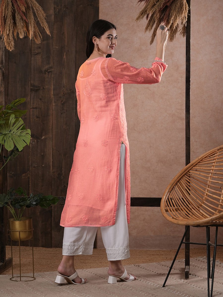 ADA Women Peach-Coloured Chikankari Hand Embroidered Straight Kota Handloom Kurta With Matching Slip | Swadesiicart