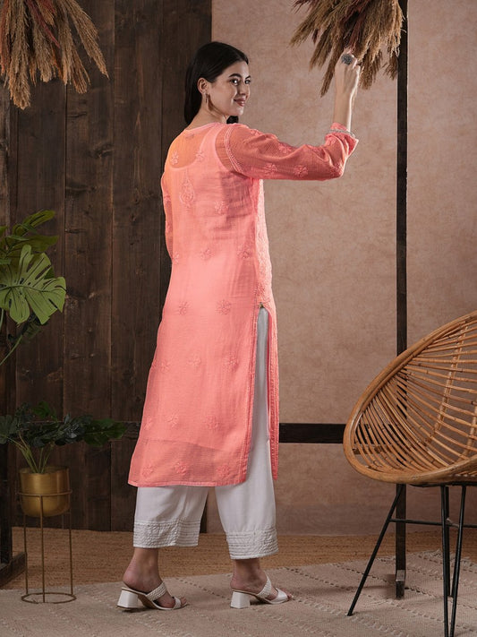 ADA Women Peach-Coloured Chikankari Hand Embroidered Straight Kota Handloom Kurta With Matching Slip | Swadesiicart