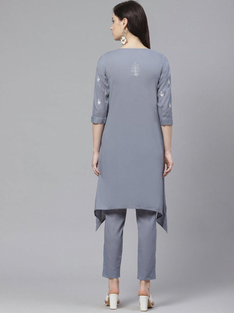 ADA Women Grey & White Chikankari Embroidered Sustainable Handloom Kurta with Trousers | Swadesiicart