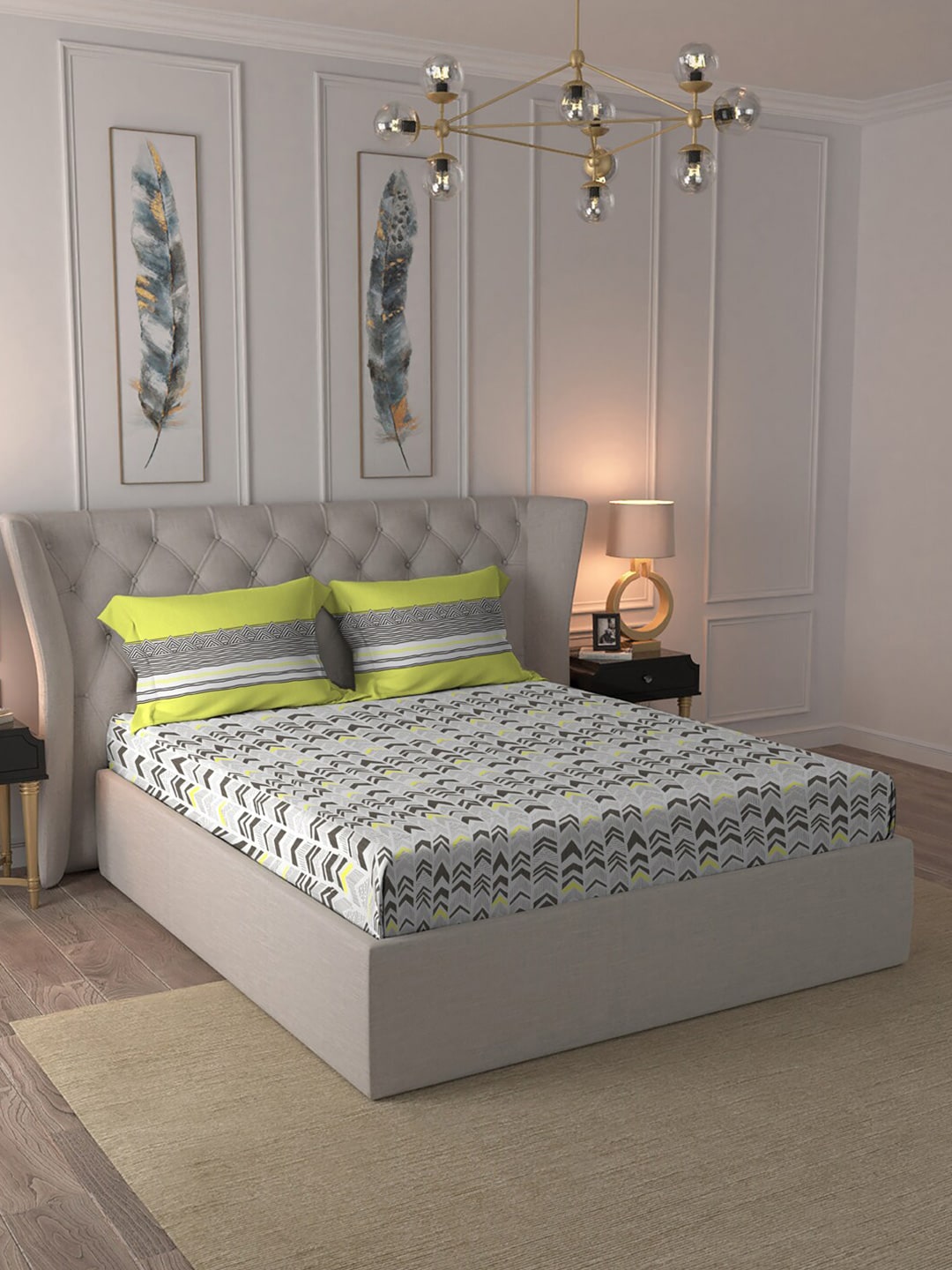 MYTRIDENT Grey Green Geometric Cotton 144 TC Queen Bedsheet With 2 Pillow Covers - Swadesiicart
