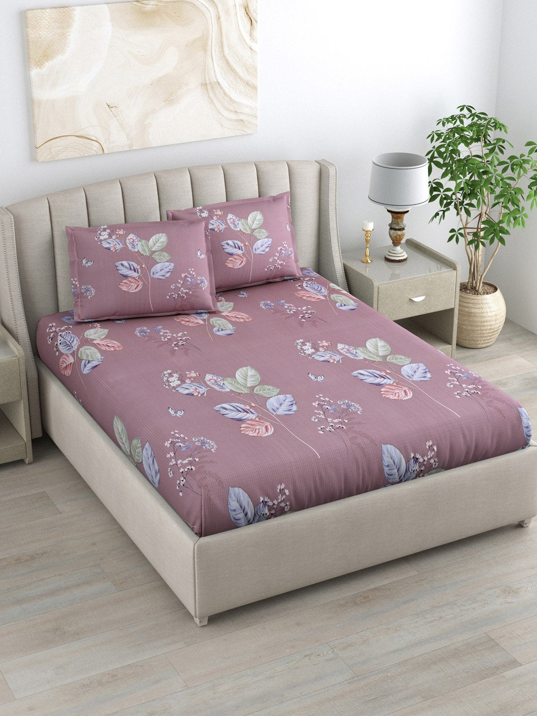 DREAM WEAVERZ 220 TC Pink & Blue Floral Glazed Cotton King Bedsheet with 2 Pillow Covers - Swadesiicart