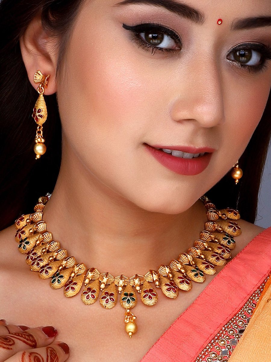 Aadita Gold-Polished Temple Choker Ruby Jewellery Set | Swadesiicart
