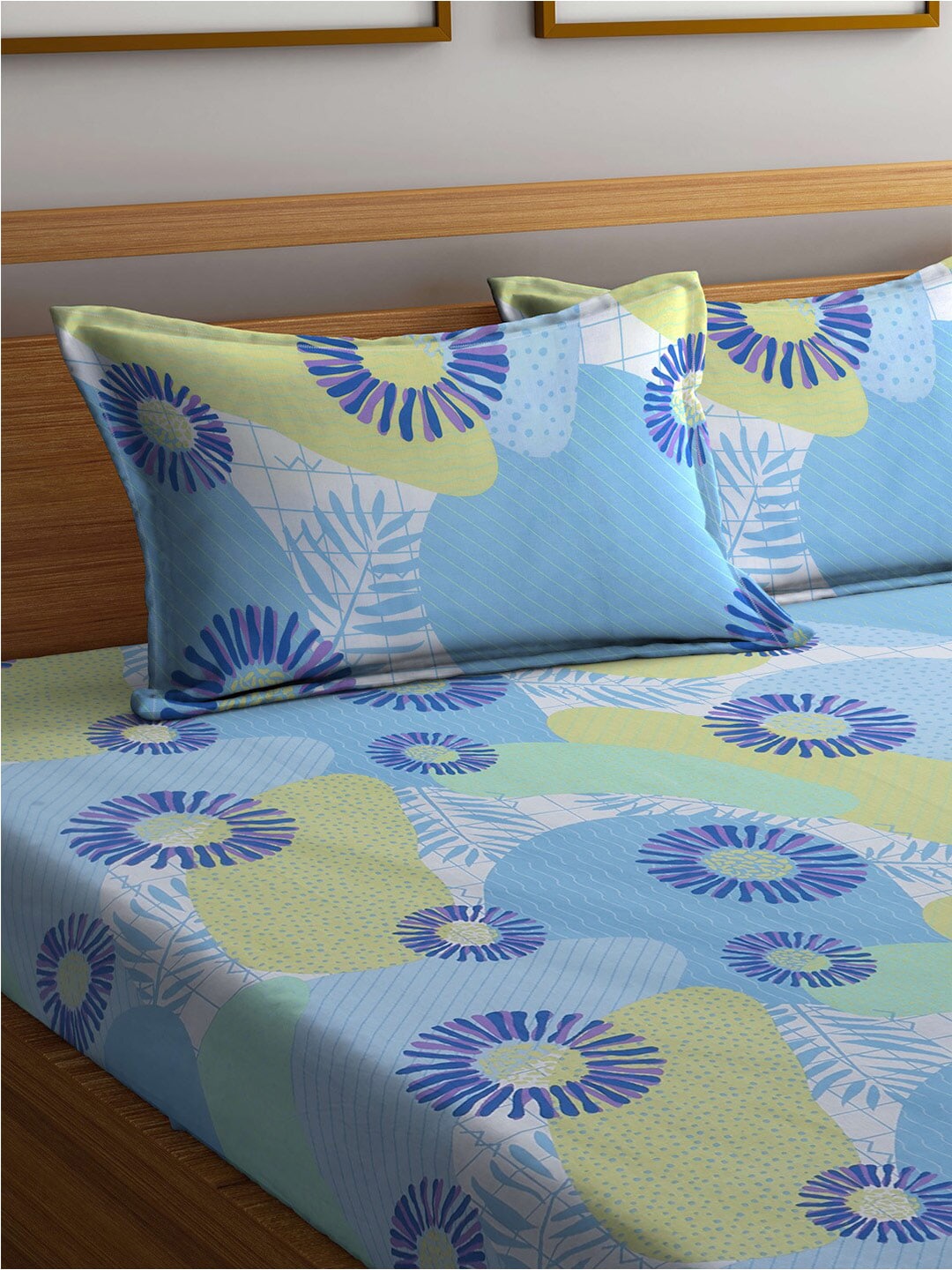BOMBAY DYEING Serenita Blue Printed Cotton 144 TC King Bedsheet with 2 Pillow Covers - Swadesiicart