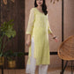 ADA Women Yellow & White Hand Embroidered Chikankari Sustainable Kota Handloom Kurta With Matching Slip | Swadesiicart