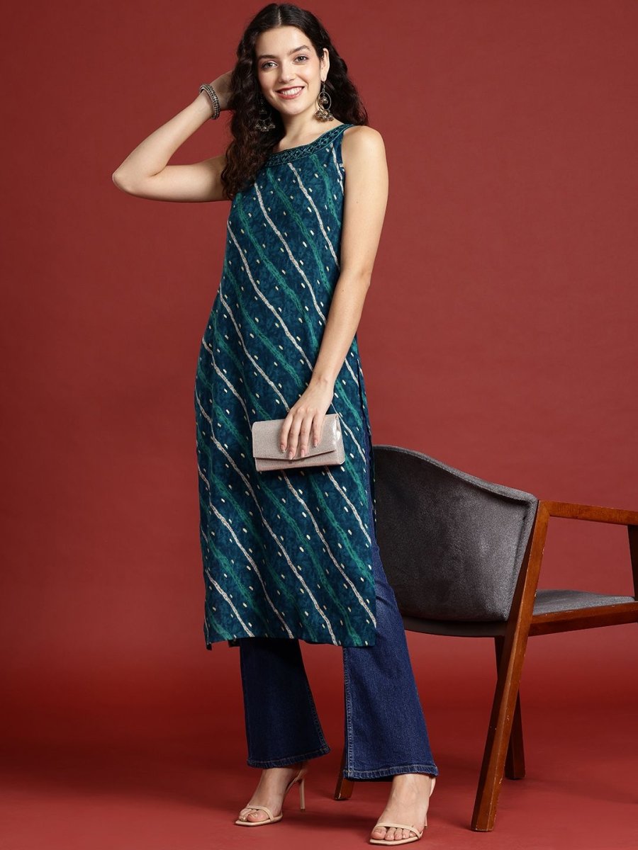 Anouk Leheriya Printed Halter Neck Thread Work Kurta - Swadesiicart