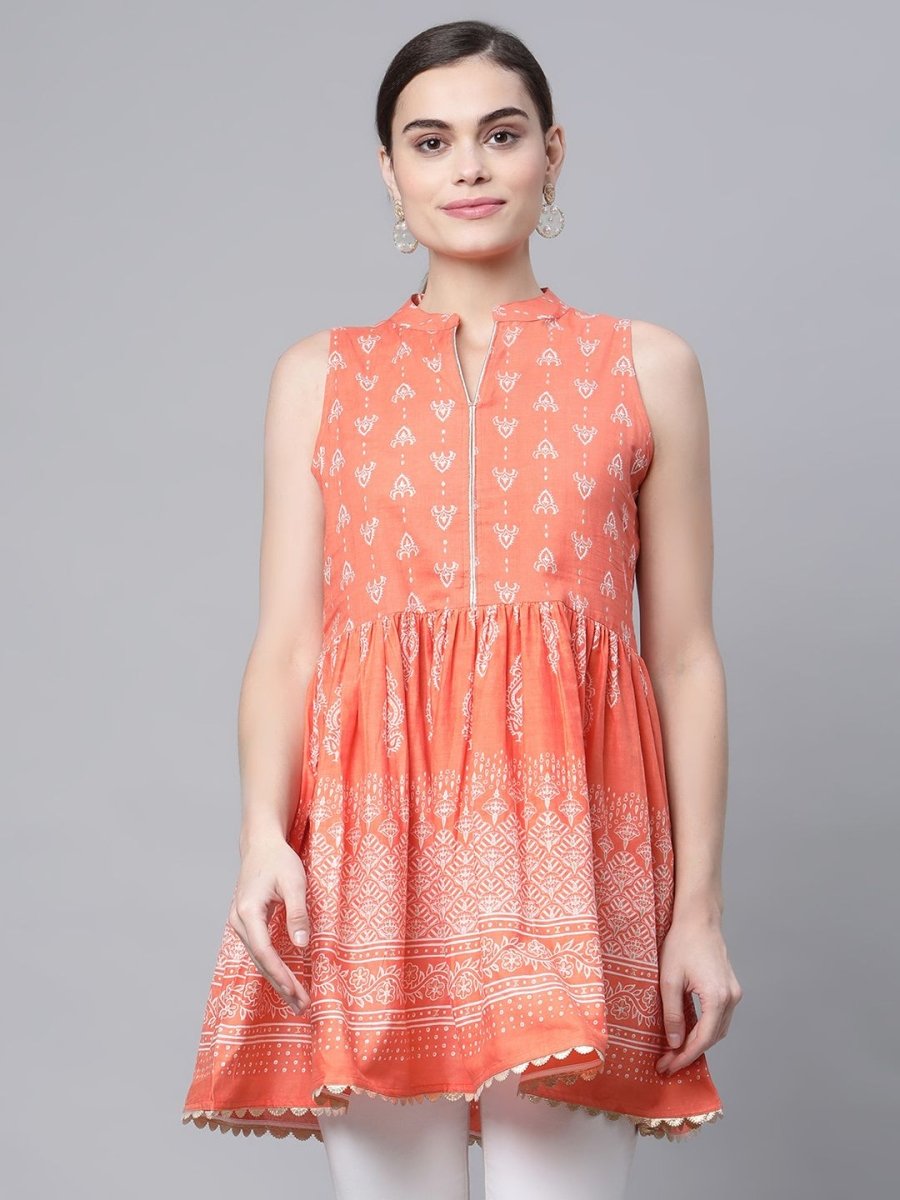 Ahalyaa Women Orange Pure Cotton Porcian Print Tunic | Swadesiicart