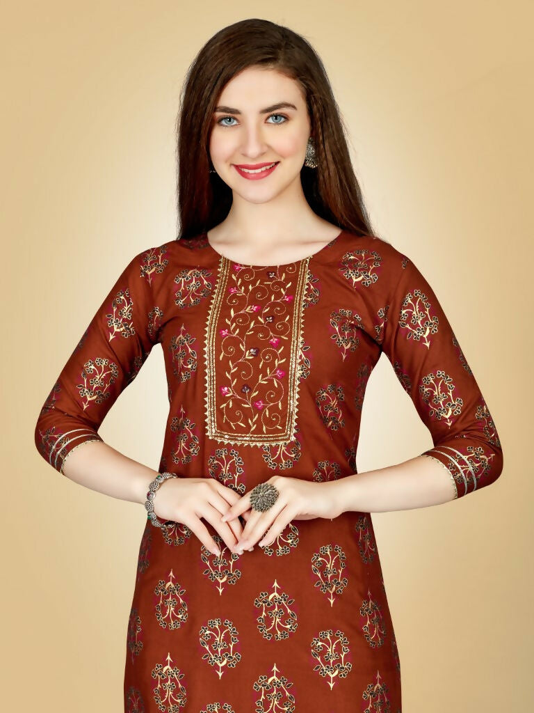 Jyoti Fashion Women's Rust Viscose Rayon Embroidered Kurta Pant Set | Swadesiicart