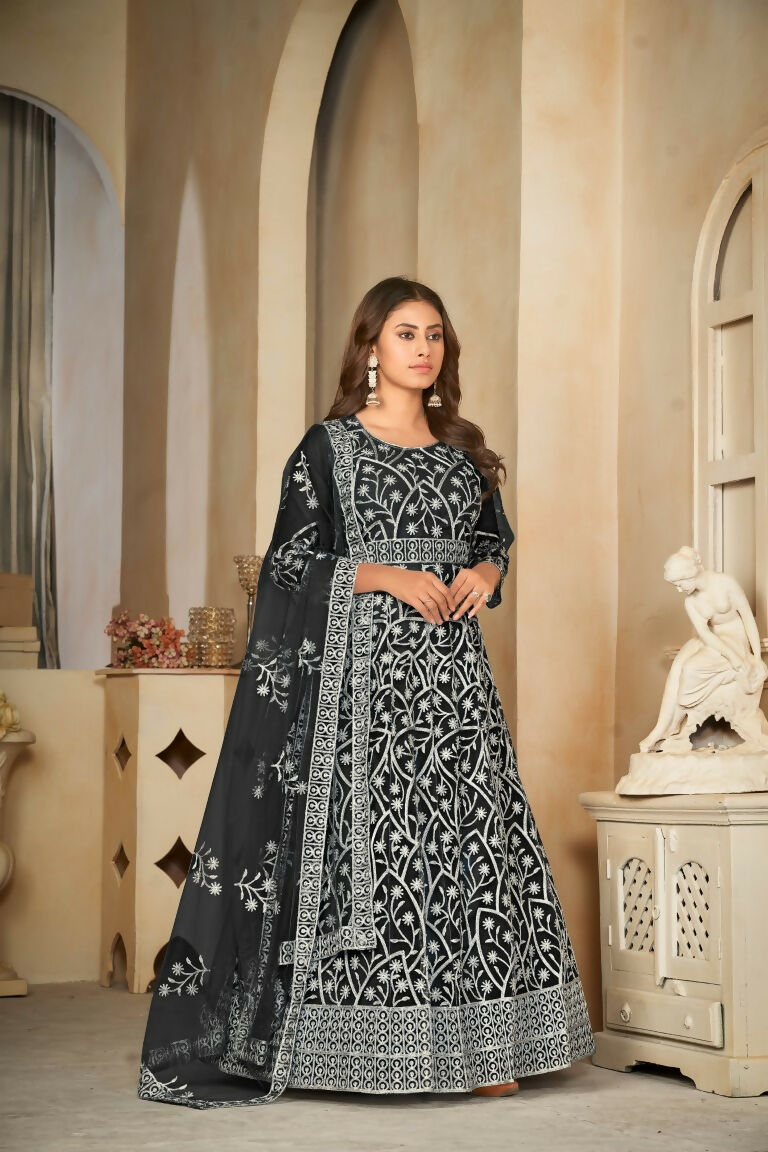 Jyoti Fashion Women's Black Net Embroidered Anarkali Kurta Pant Set With Dupatta | Swadesiicart
