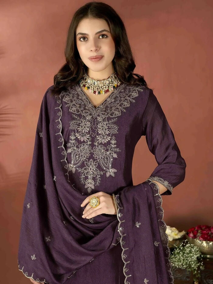 The52 Wine Women's Gorgeous Vichitra Fabric Embroidered Work Straight Kurta Pant and Dupatta Set - Swadesiicart