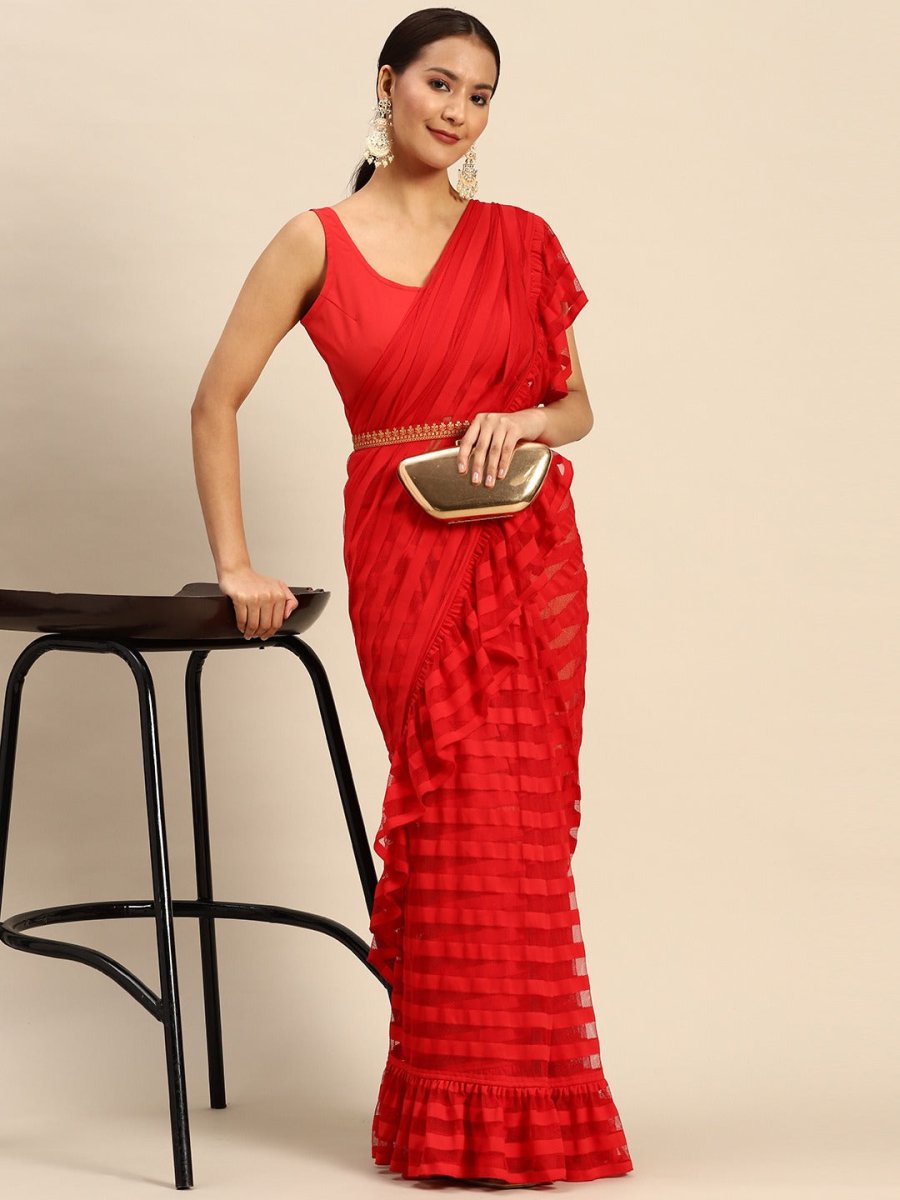 Ahalyaa Striped Net Ready To Wear Saree | Swadesiicart