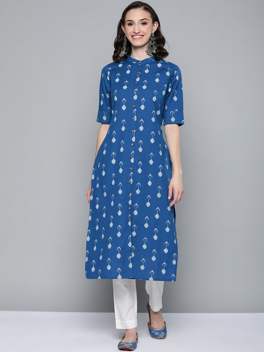 HERE&NOW Women Blue & White Ethnic Motifs Printed Kurta - Swadesiicart