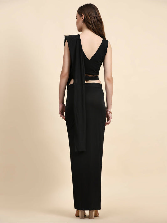 Black Polyester Solid Ready to Wear Saree with stitched Blouse - Nita | Swadesiicart