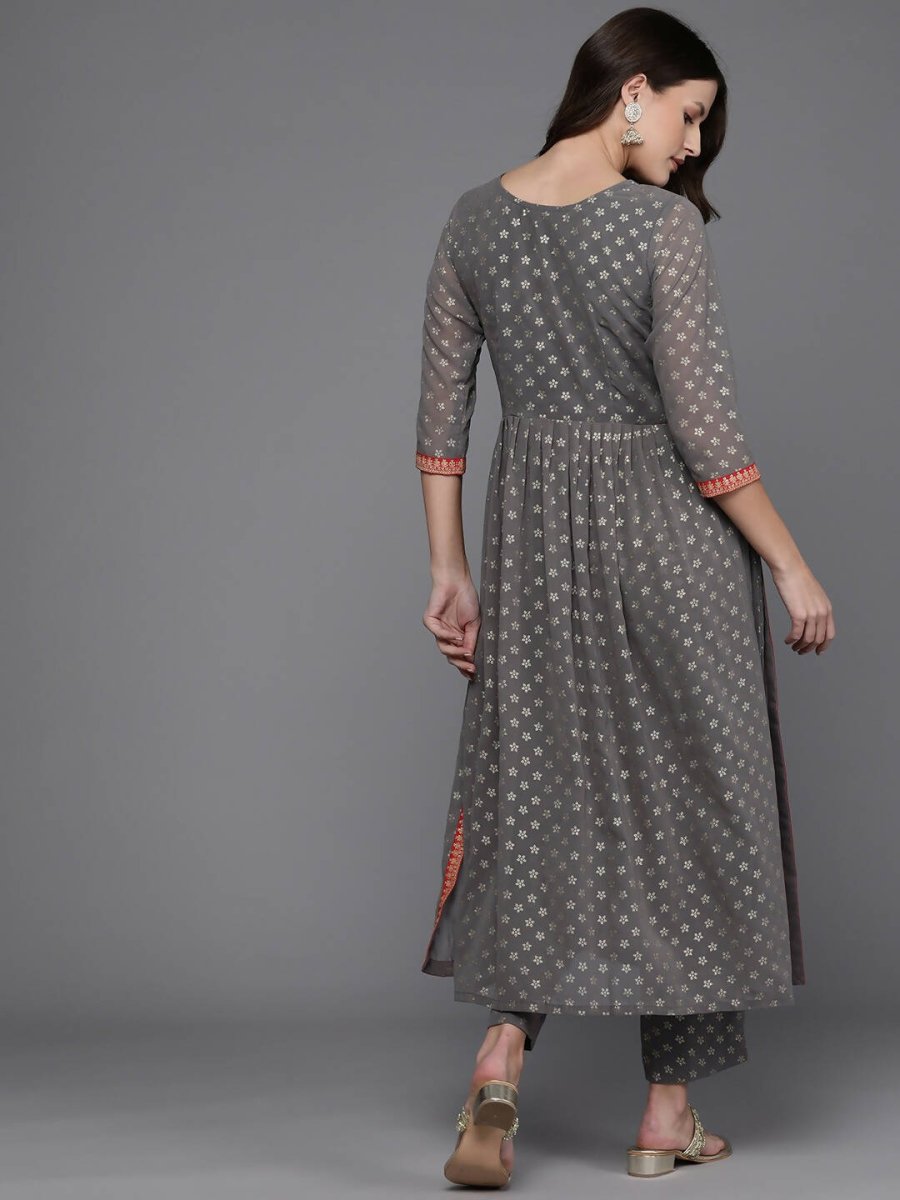 Ahalyaa Women Ethnic Motifs Printed Pleated Sequinned Kurta with Trousers - Grey Color | Swadesiicart