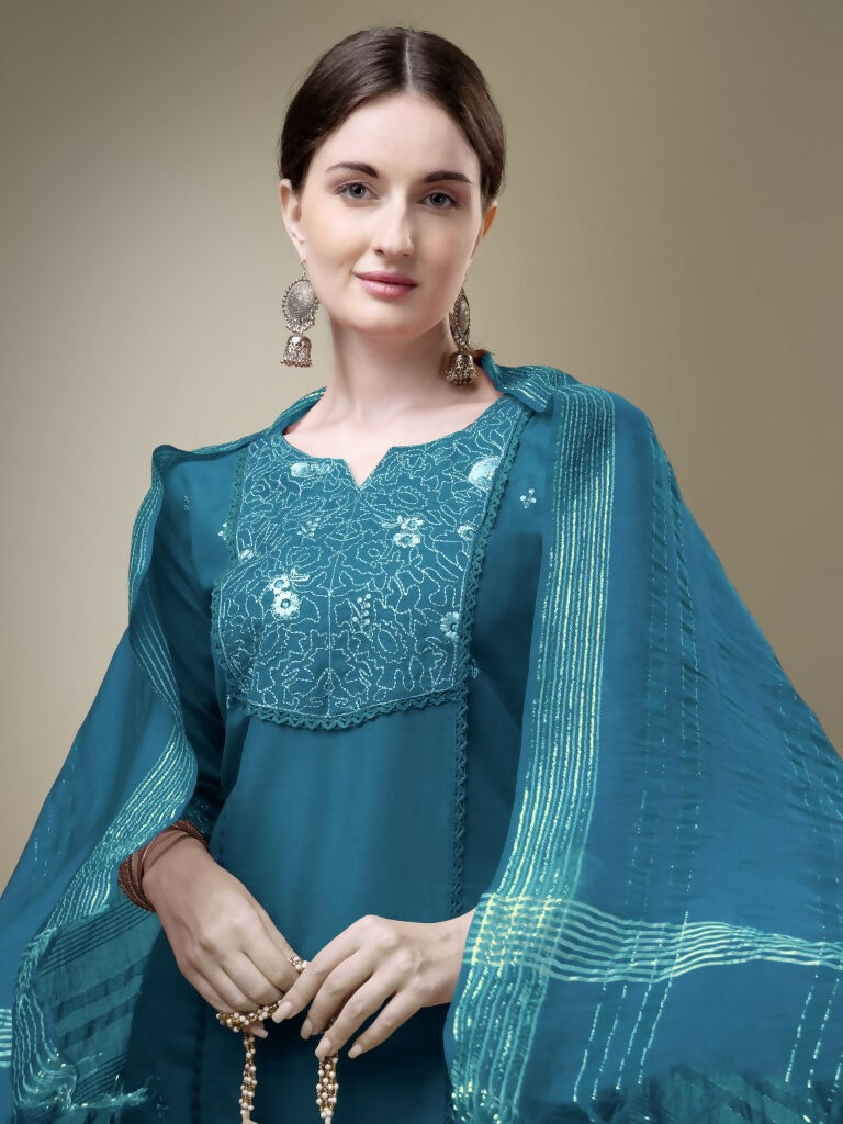 Jyoti Fashion Women's Morpich Cotton Blend Embroidery & Fancy Lace work Kurta with Trouser & Dupatta | Swadesiicart