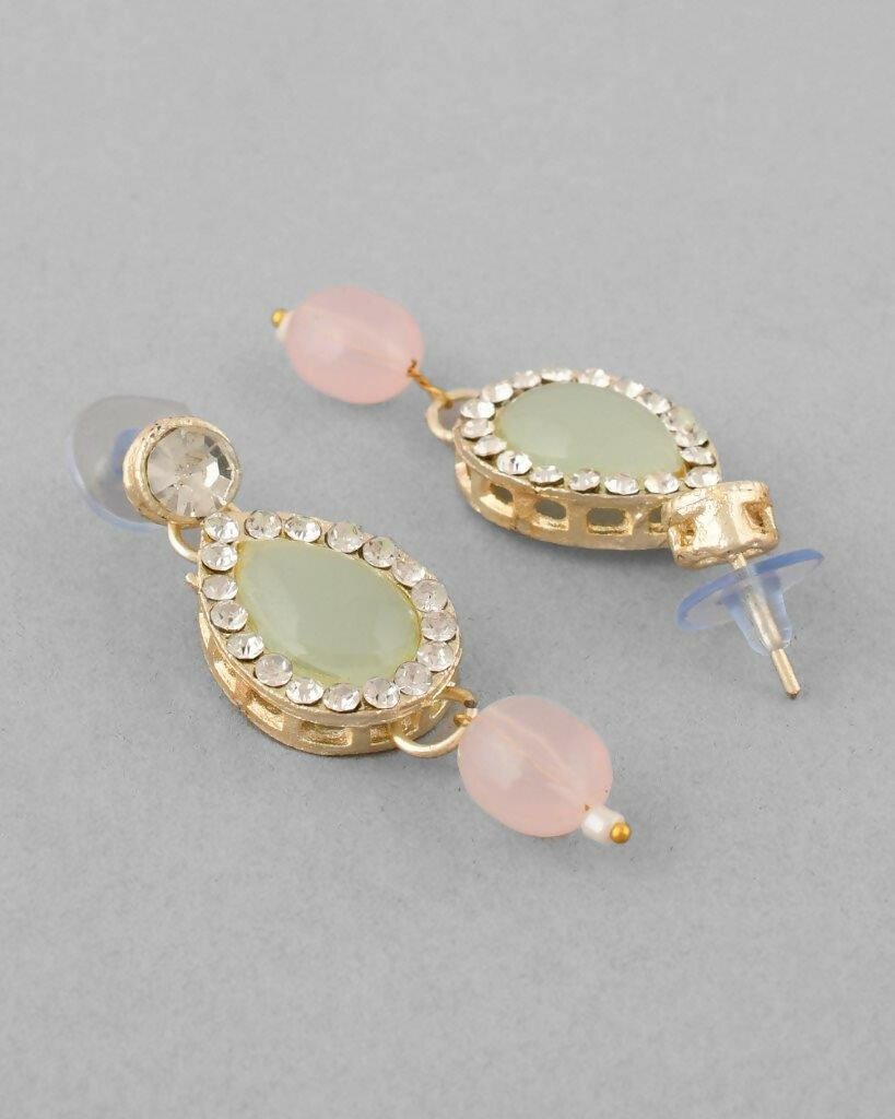 VOJ Gold-Polished Nude Pink And Mint Green Stone Studded Jewellery Set With Maang Tikka - Swadesiicart