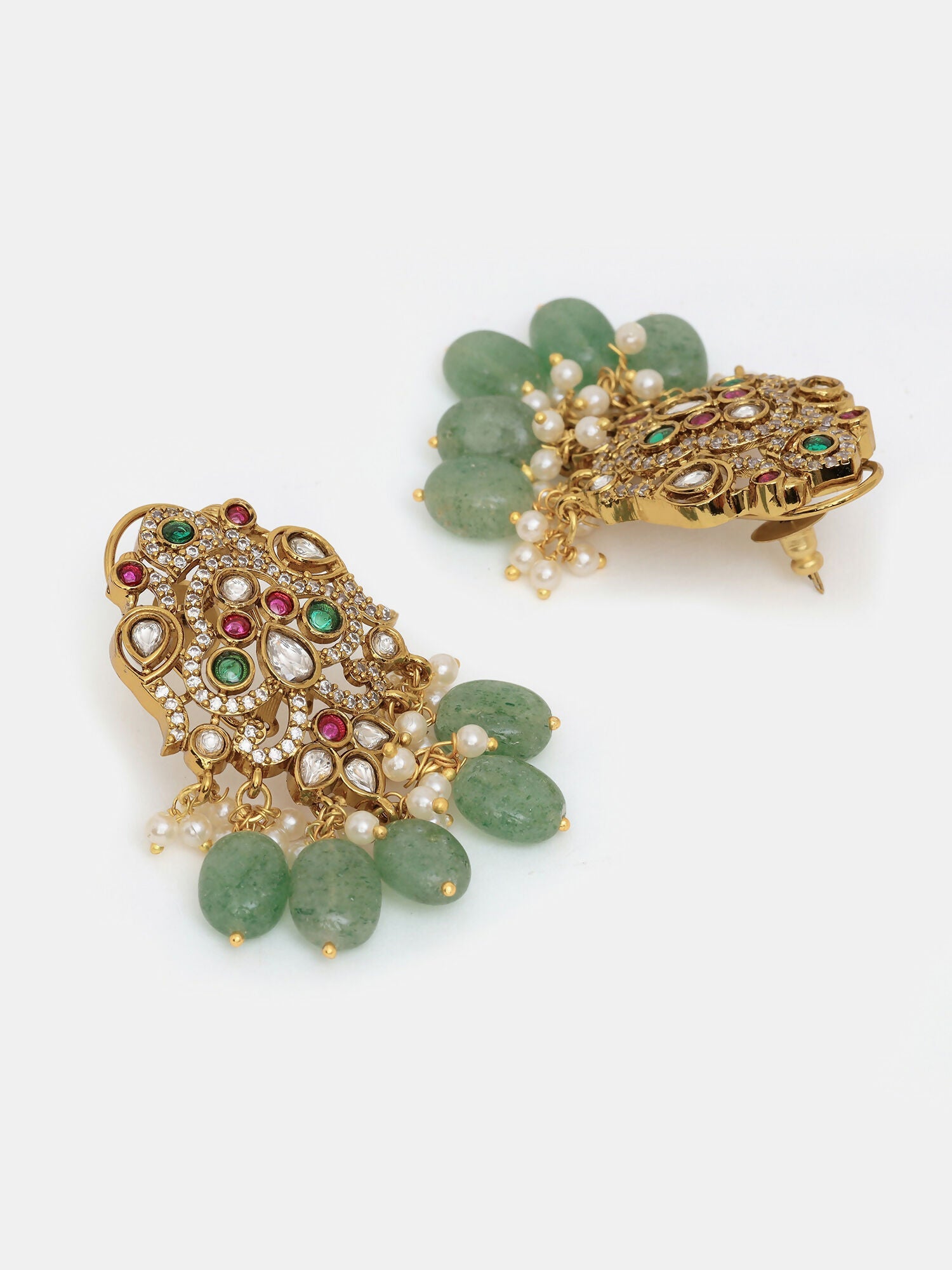 Ruby Raang 22k Gold Polished Long Kundan Heavy Maharani Necklace With Earrings | Swadesiicart