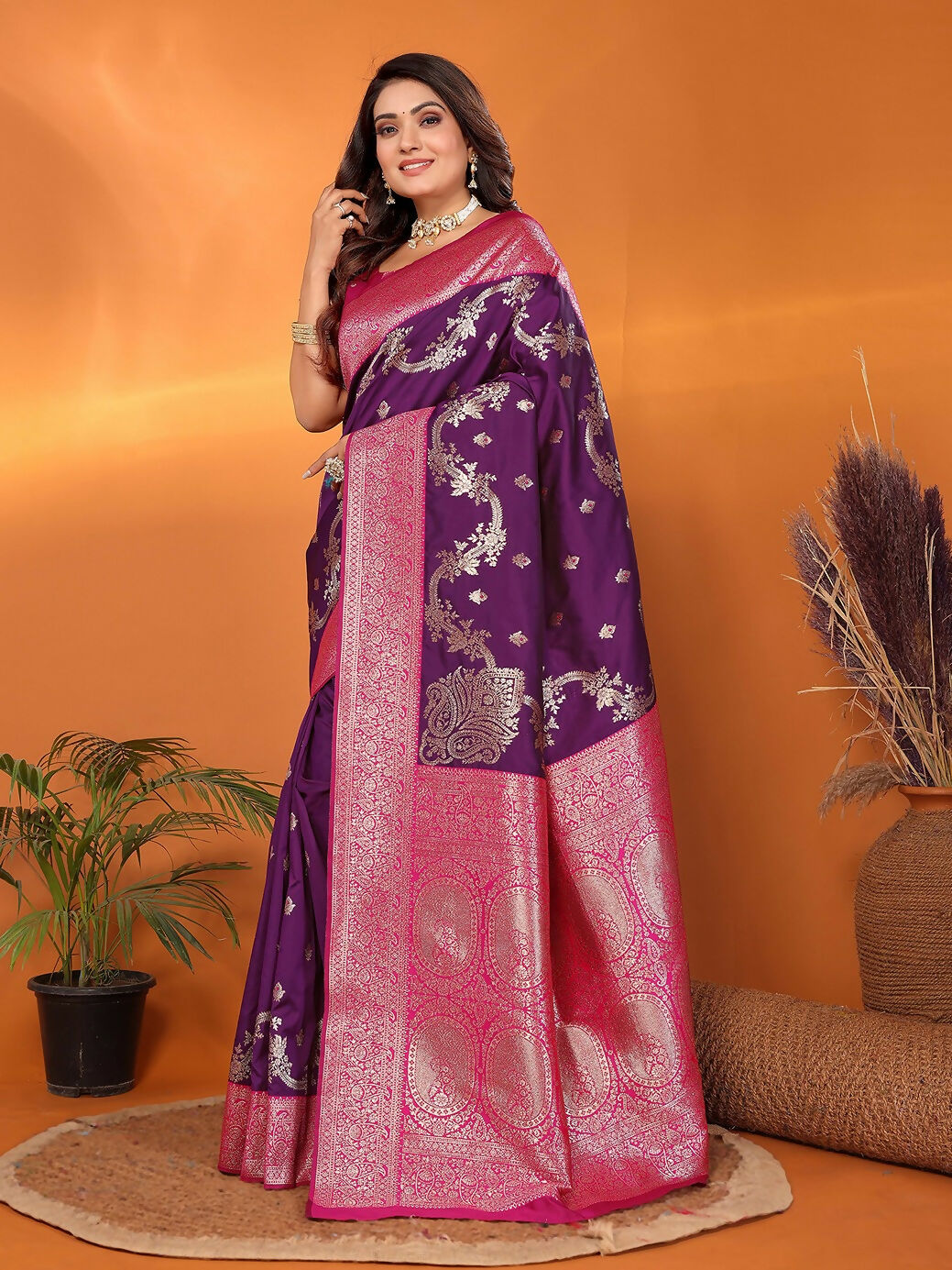 Joban Fashion Banarasi Plum Woven Soft Silk Saree | Swadesiicart