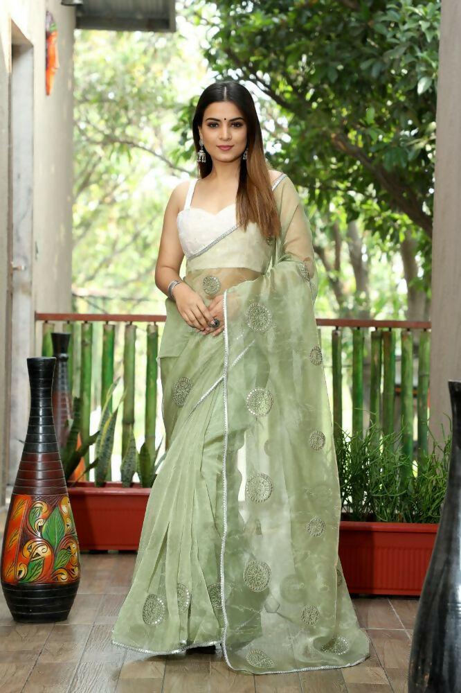 Vamsee Meghna-Green Green Organza Saree - Swadesiicart