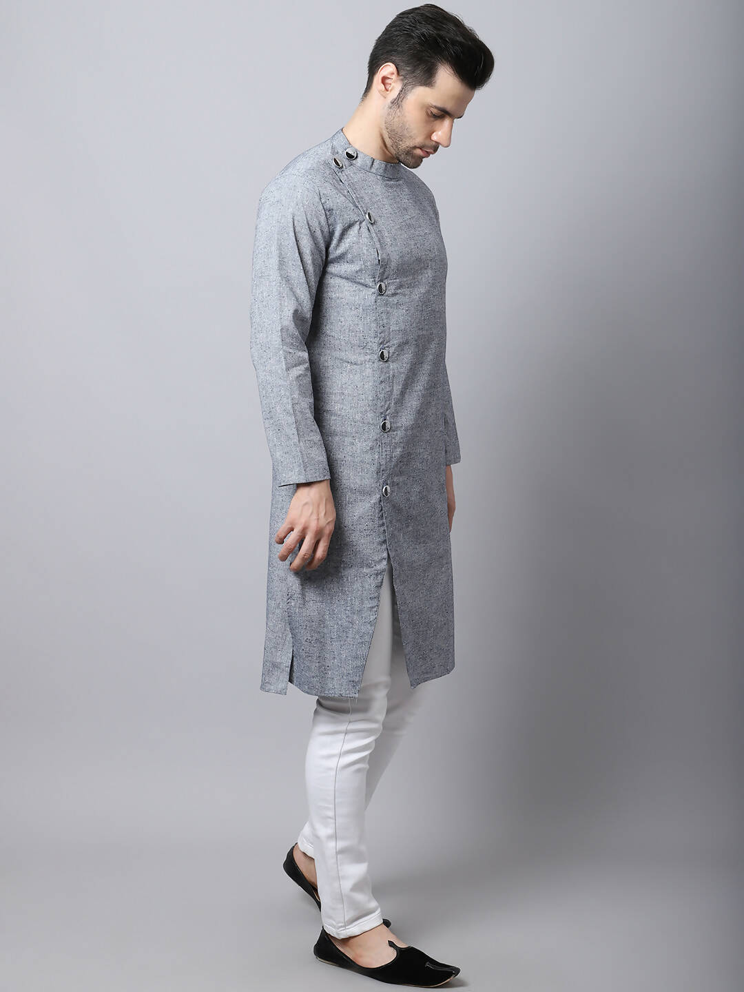 Even Apparels Grey Pure Cotton Sherwani Men's Kurta With Asymetrical Cut | Swadesiicart