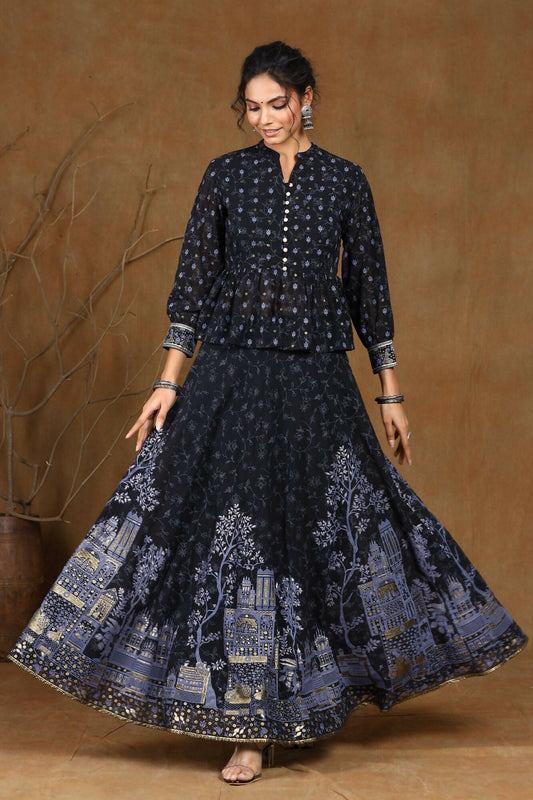 Juniper Women Black Georgette Printed Flared Lehenga Choli Sets | Swadesiicart