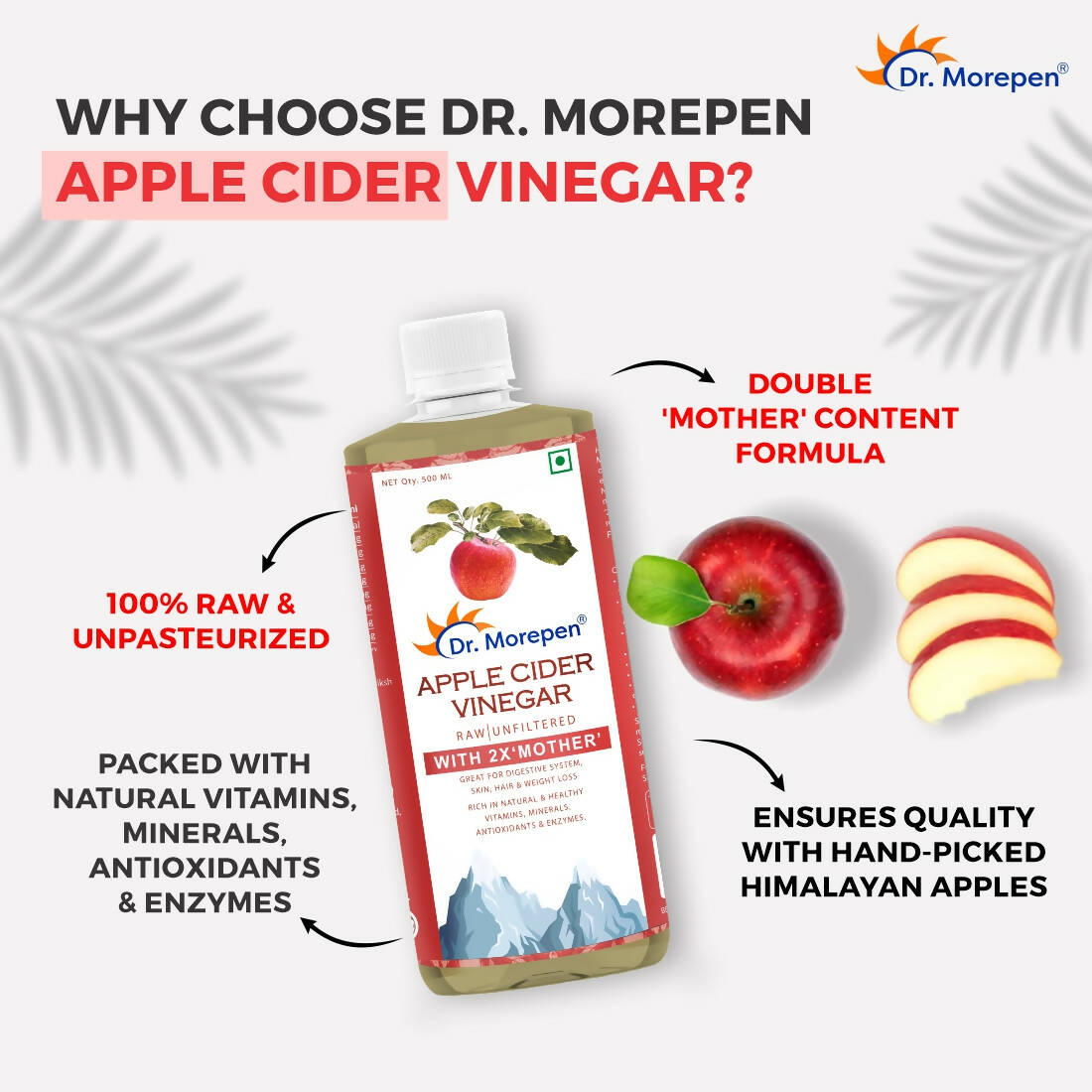 Dr. Morepen Apple Cider Vinegar With 2x Mother for Weight Management, Immunity, Skin & Hair - Swadesiicart