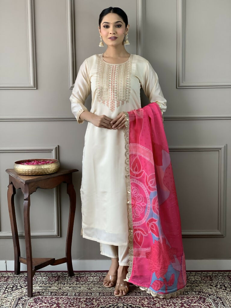 White Viscose Chanderi Stitched Suit With Dupatta - Tanisha | Swadesiicart