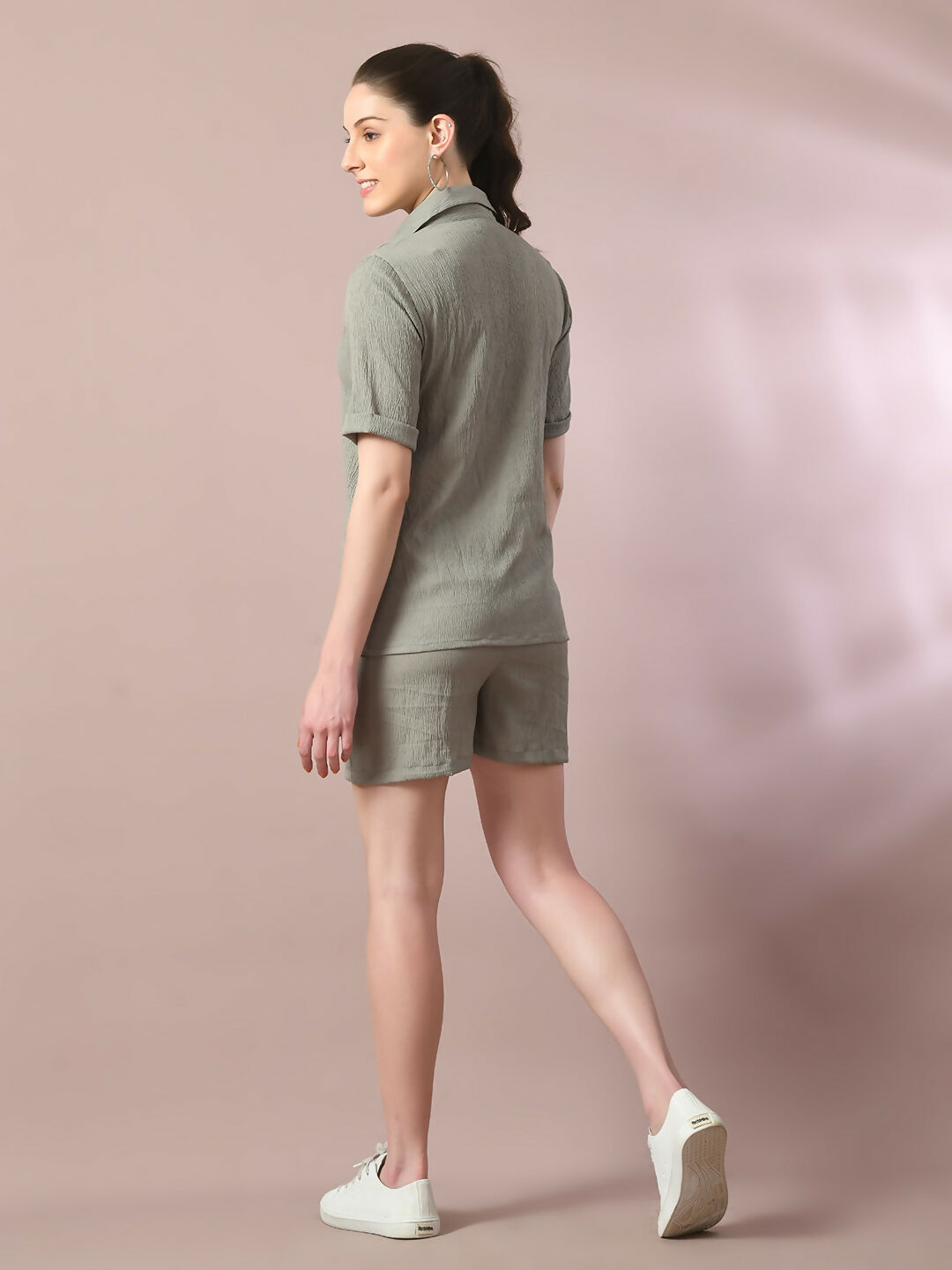Myshka Women's Grey Solid Shirt Collar Party Shirt With Shorts Co-ord set - Swadesiicart