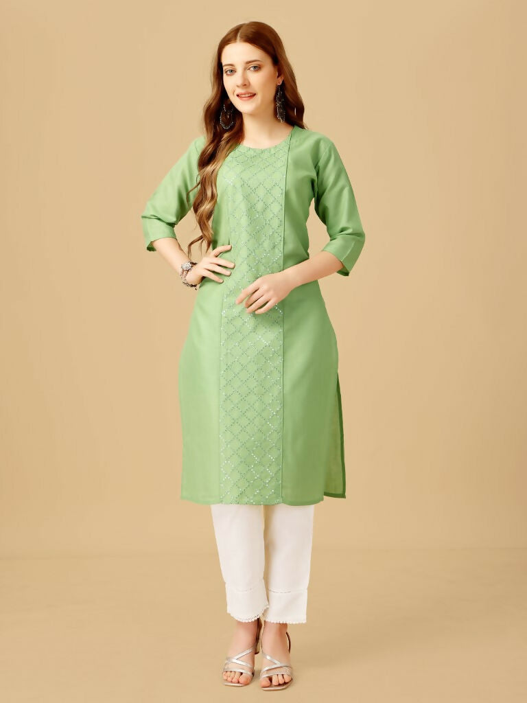 Jyoti Fashion Women's Lime Green Cotton Blend Embroidered Kurta Pant Set | Swadesiicart