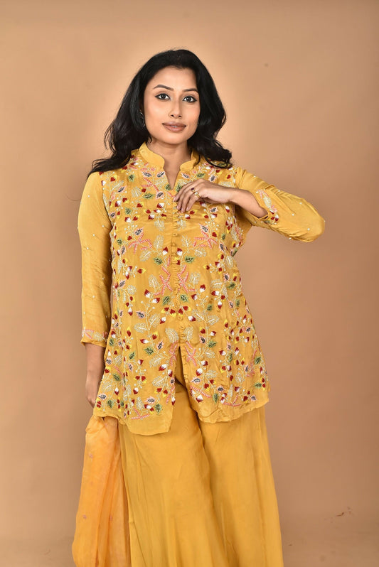 Morchari Women And Hand Embroidery Palazzo Set-Yellow - Swadesiicart