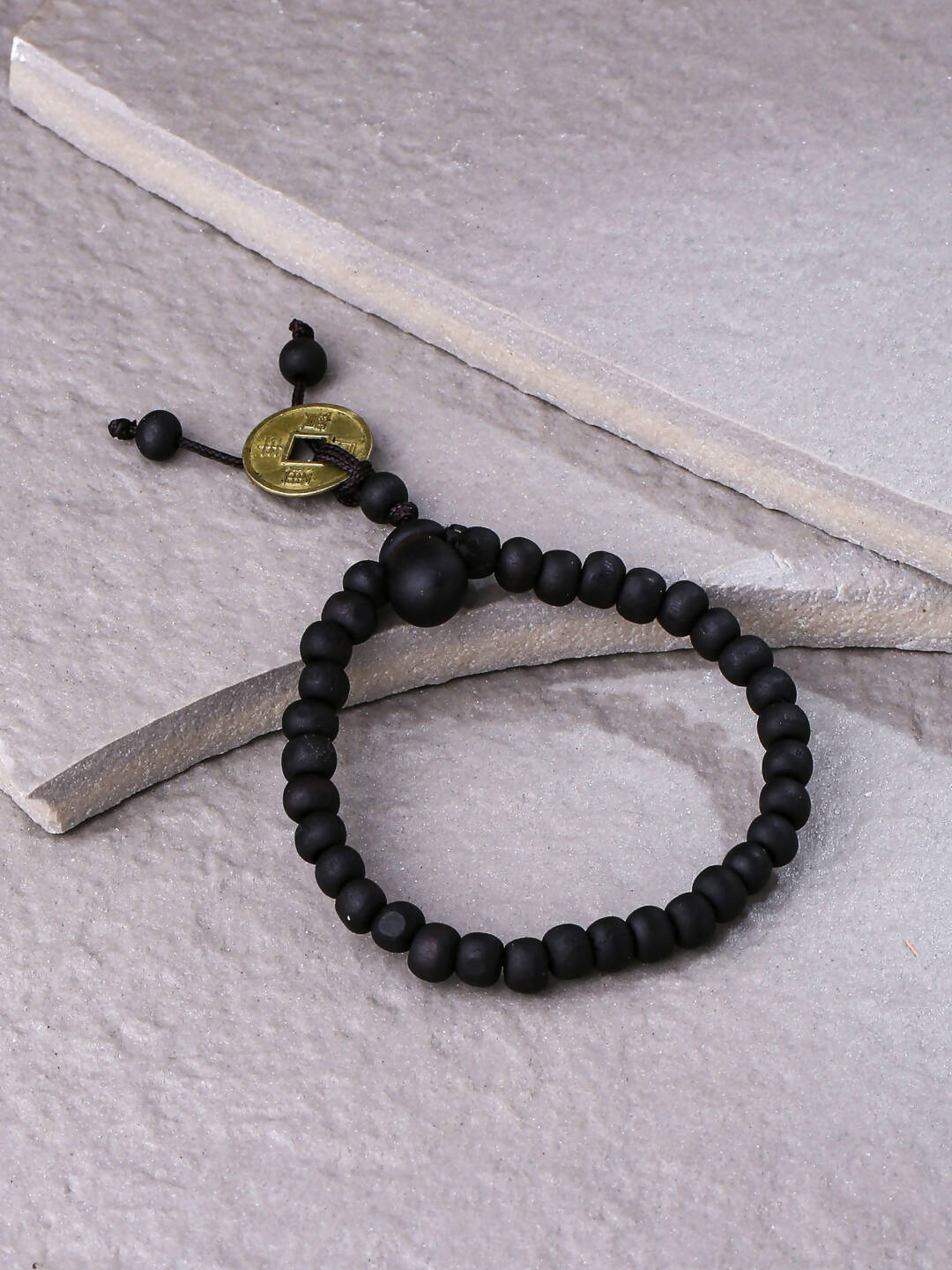 NVR Men's Black Beaded Adjustable Bracelet - Swadesiicart
