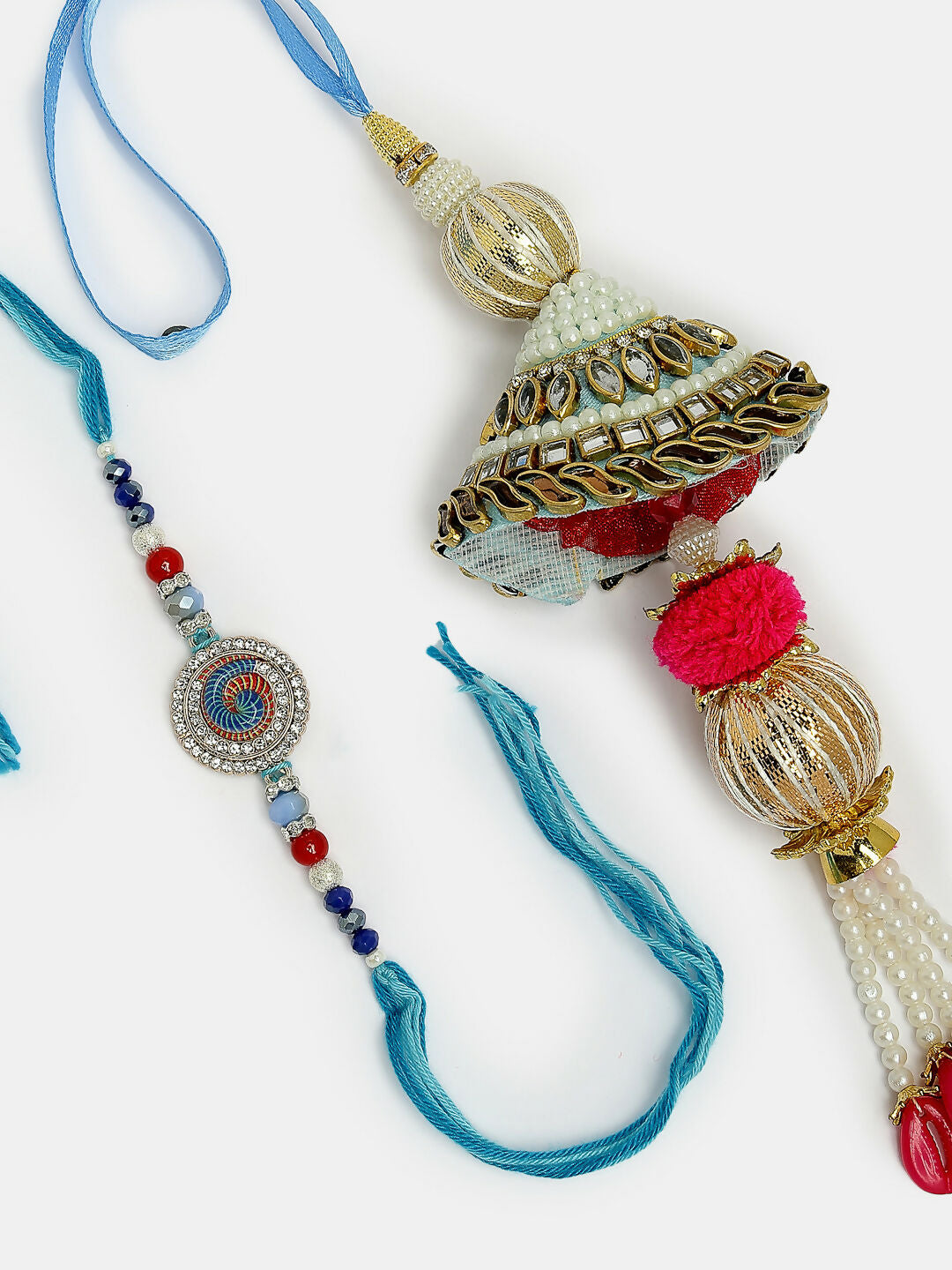 NVR Women & Men Set of 2 Blue Kundan-Studded & Beaded Bhaiya Bhabhi Rakhi With Roli Chawal & Chocolate | Swadesiicart