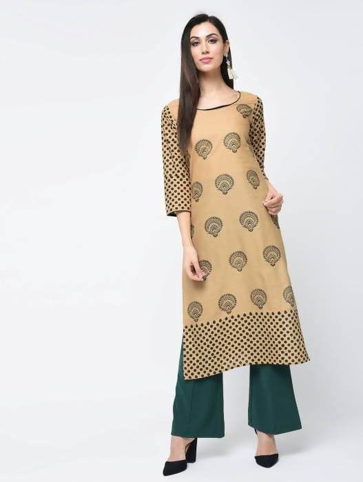 Aniyah Cotton Block Printed Beige Straight Kurta (AN-126K) - Swadesiicart