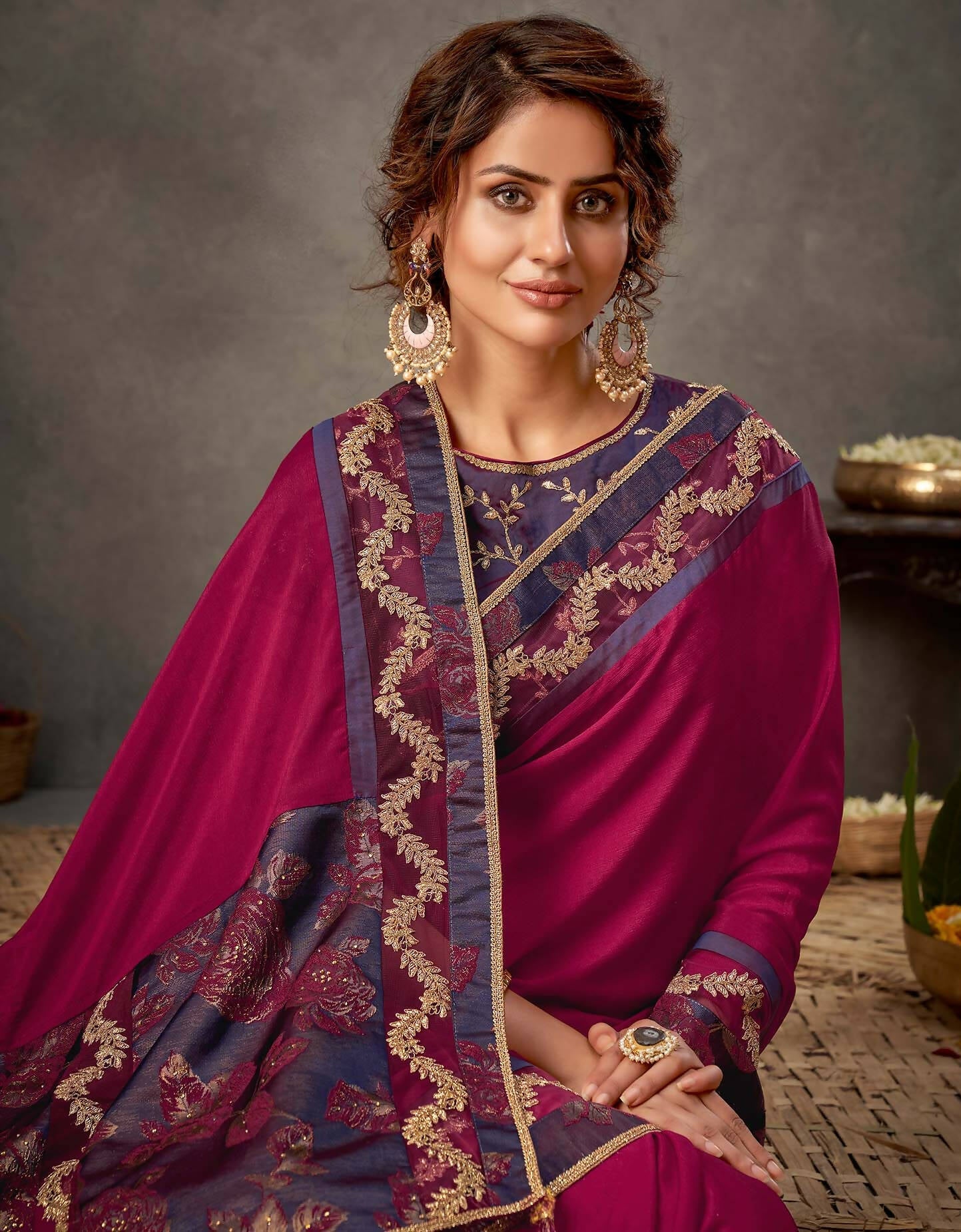 Deep Magenta And Purple Silk Georgette Cord And Sequins Embroidery Saree - Norita Arinya | Swadesiicart