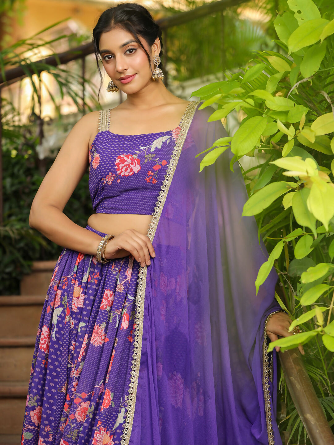 Janasya Purple Georgette Floral Lehenga Choli Dupatta | Swadesiicart