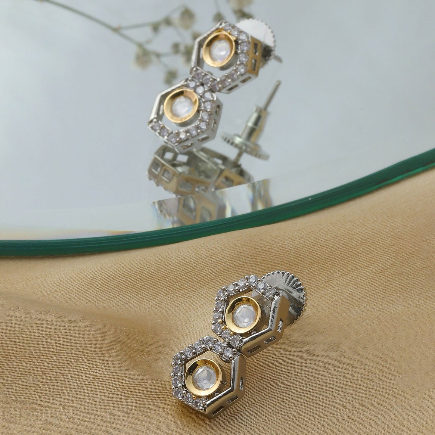 Duet Silver and Gold Earrings (Silver) - Ruby Raang - Swadesiicart