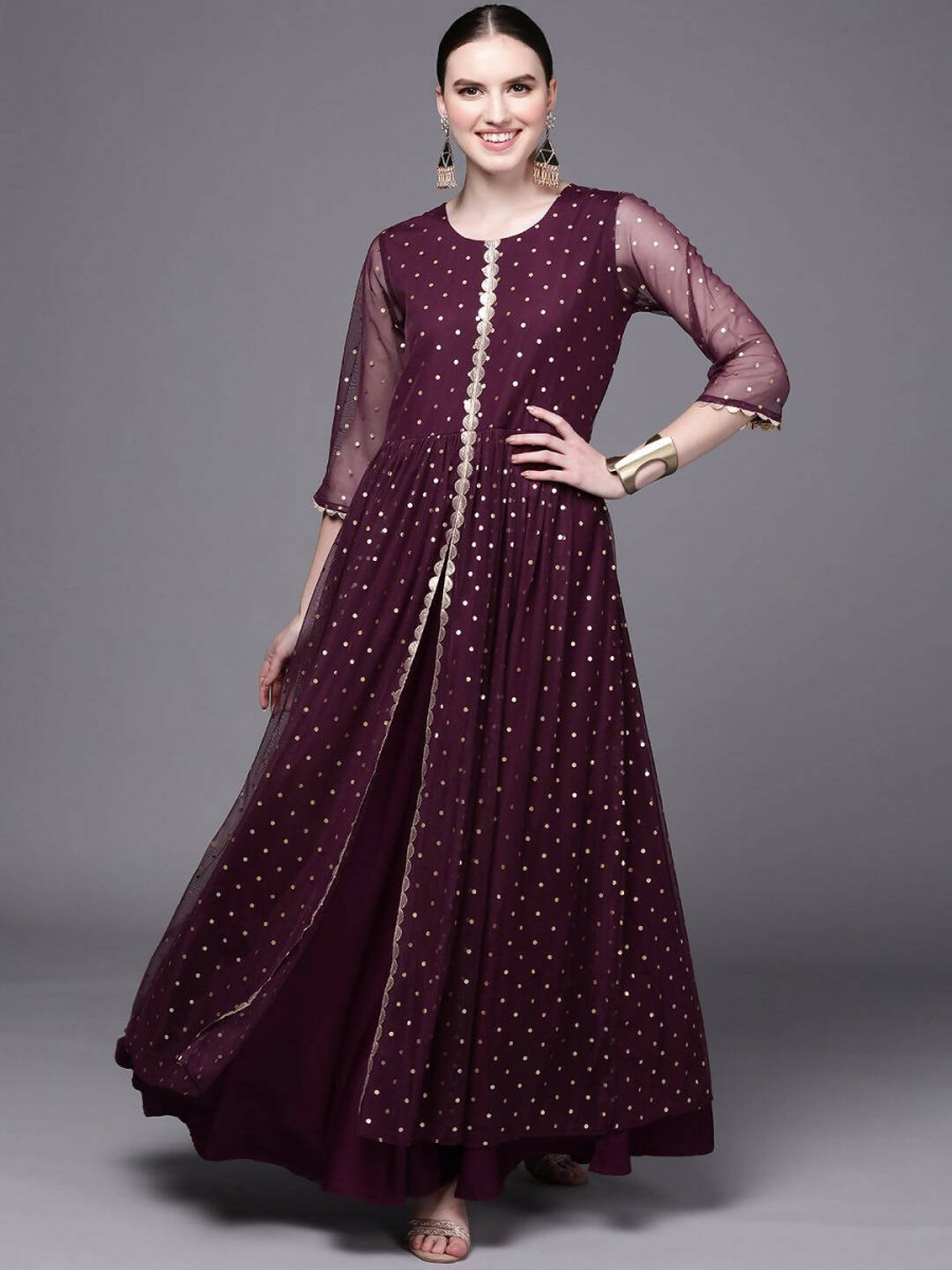 Ahalyaa Women Burgundy Polka Dots Fit & Flare Maxi Ethnic Dress | Swadesiicart