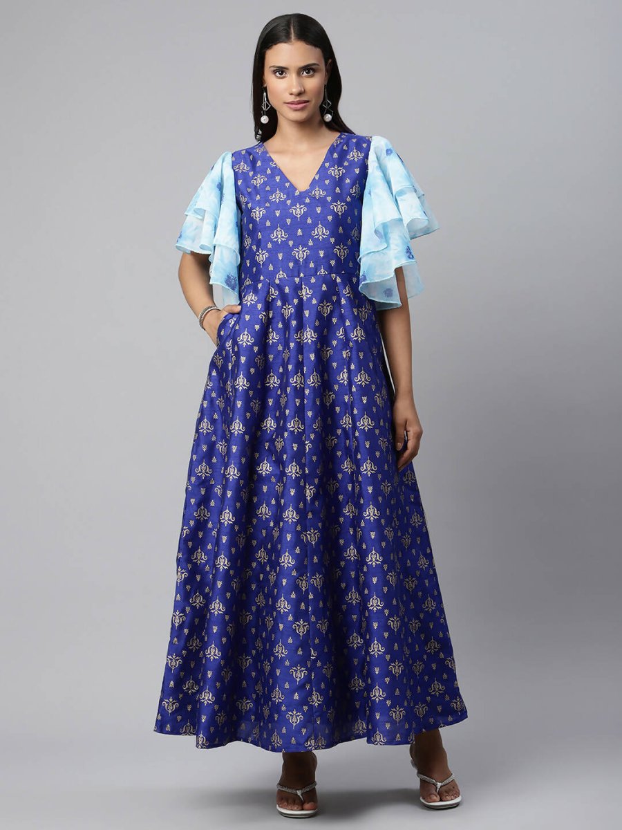 Ahalyaa Women Royal Blue Poly Silk Gold Paste Printed Dress | Swadesiicart