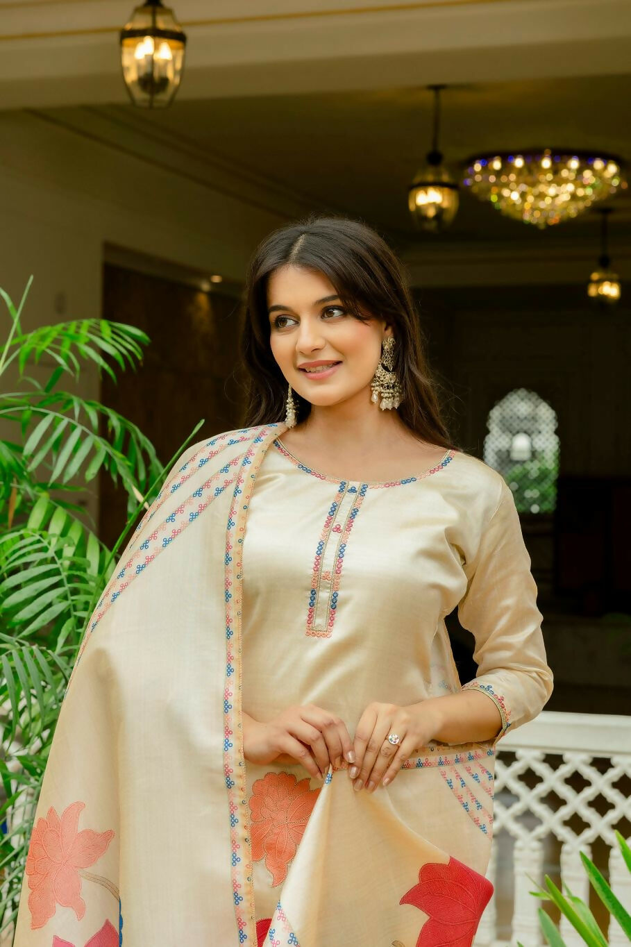 The52 Chiku Women's Beautiful Thread Work Viscose Assam Silk Fabric with Straight Kurta, Pant and Dupatta Set - Swadesiicart