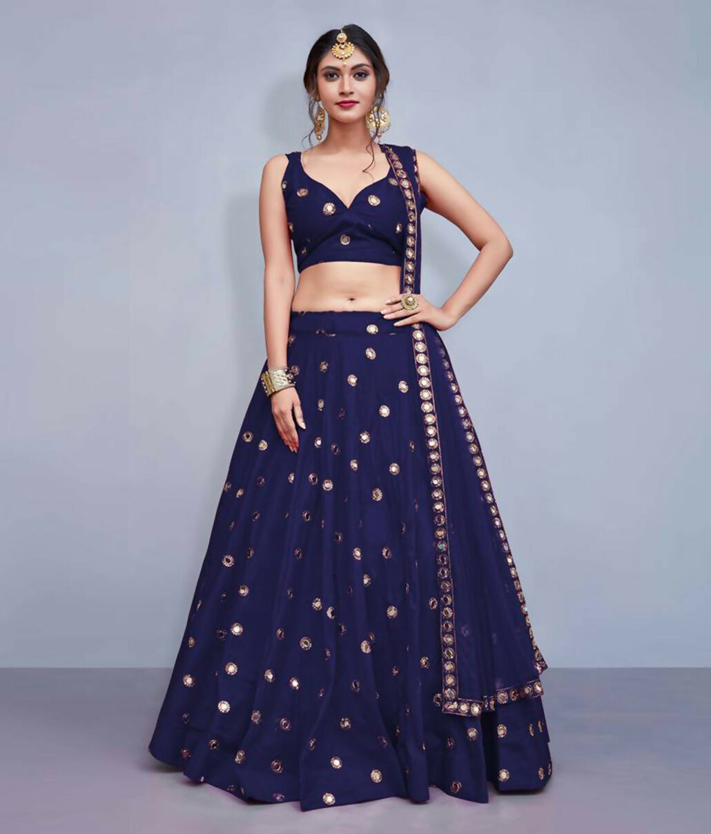 Jyoti Fashion Beautiful Navy Blue Embroidered with Mirror work Art Silk Party Wear Lehenga Choli with Dupatta | Swadesiicart