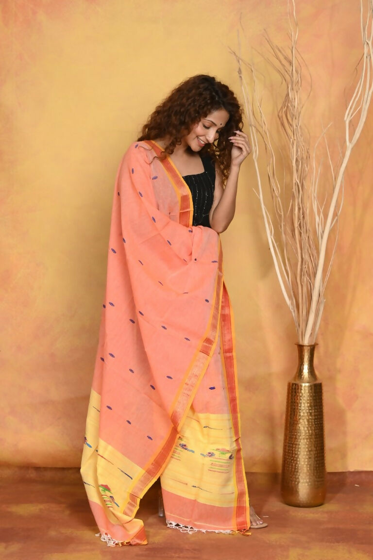 Very Much Indian Handloom Pure Cotton Paithani Dupatta Orange | Swadesiicart