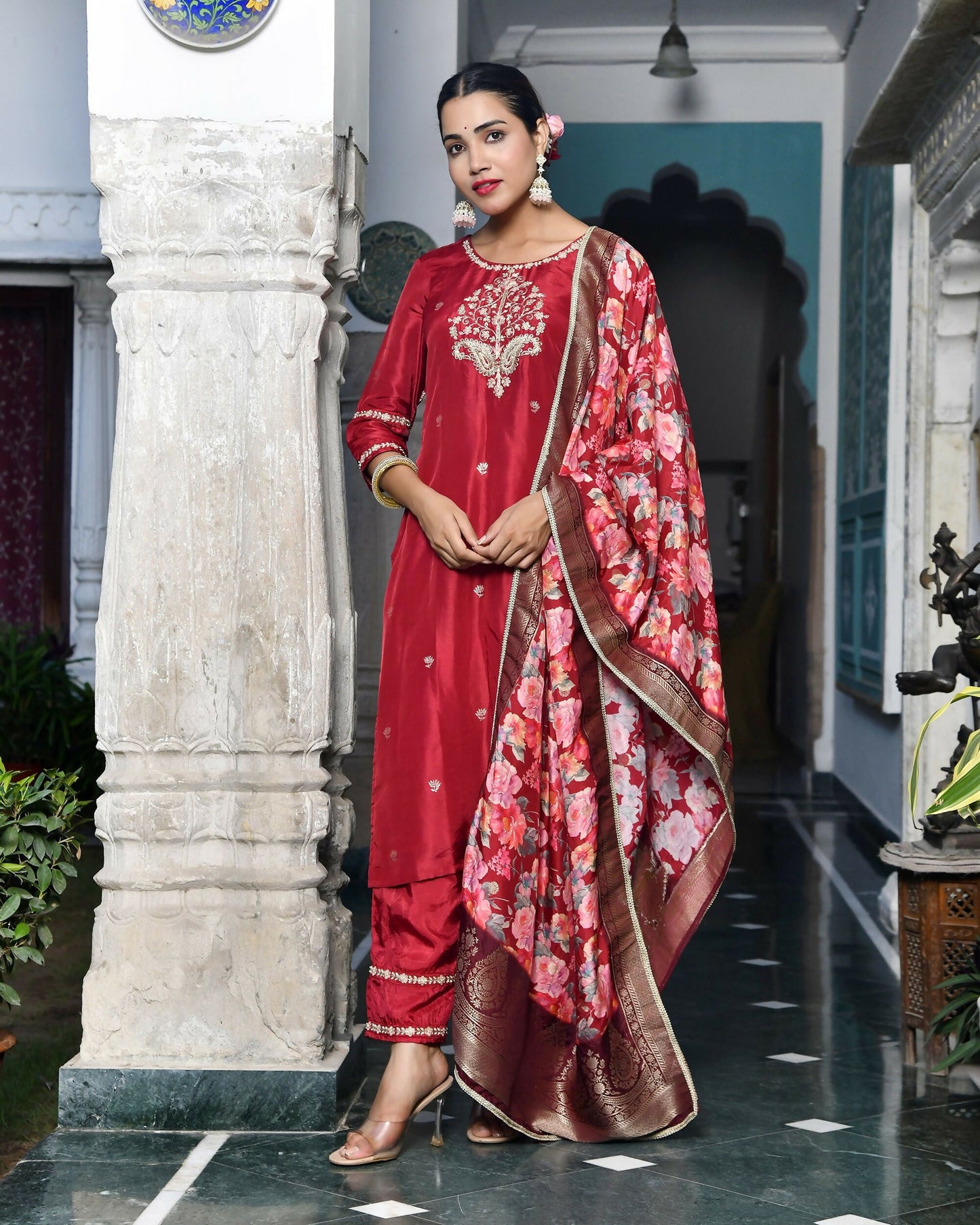 Vaasva Women's Silk Emboidered Solid Pant Set & Digital Printed Dupatta | Swadesiicart