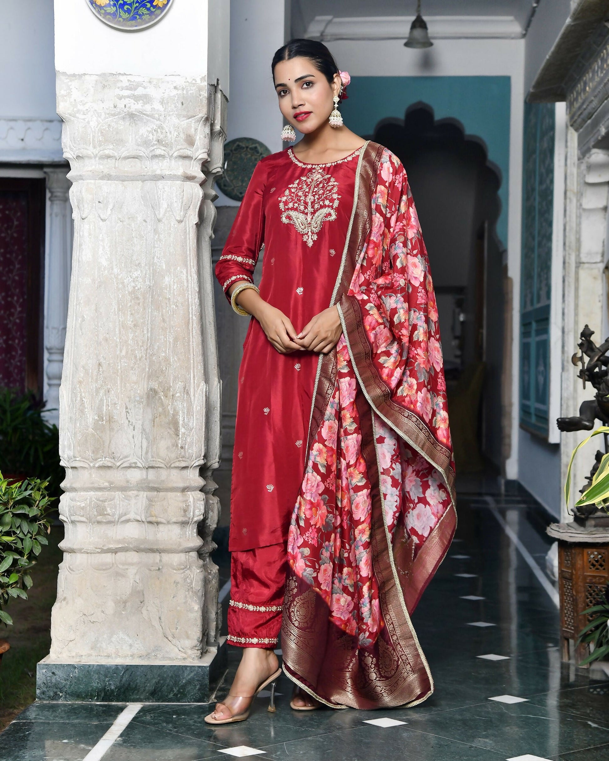Vaasva Women's Silk Emboidered Solid Pant Set & Digital Printed Dupatta | Swadesiicart