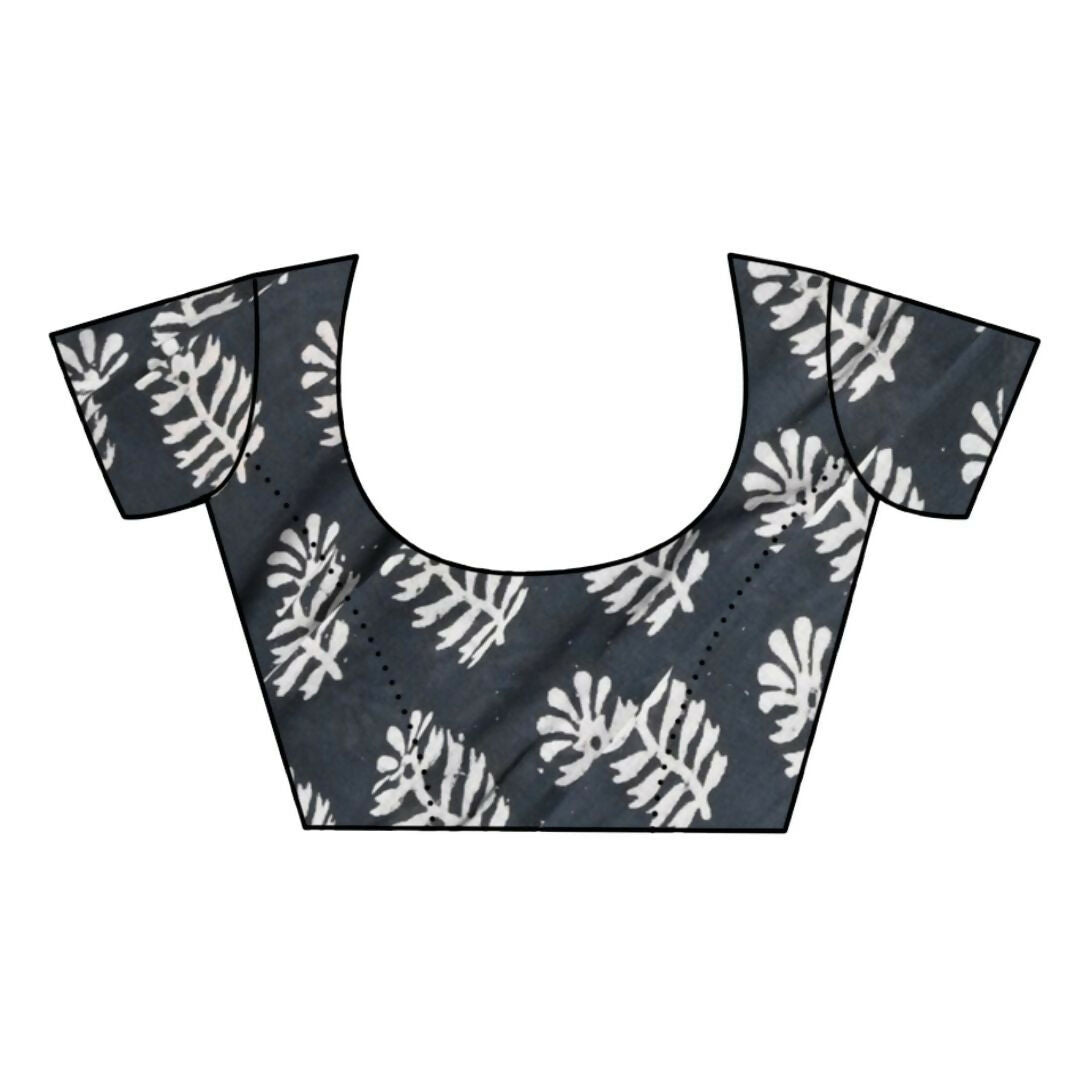 Very Much Indian Handblock Printed Cotton Saree With Natural Dyes - Black White | Swadesiicart