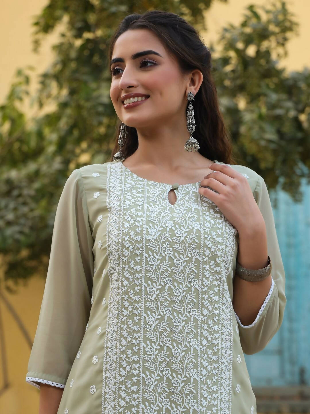 Juniper Women's Ltgreen Georgette Printed Kurta | Swadesiicart