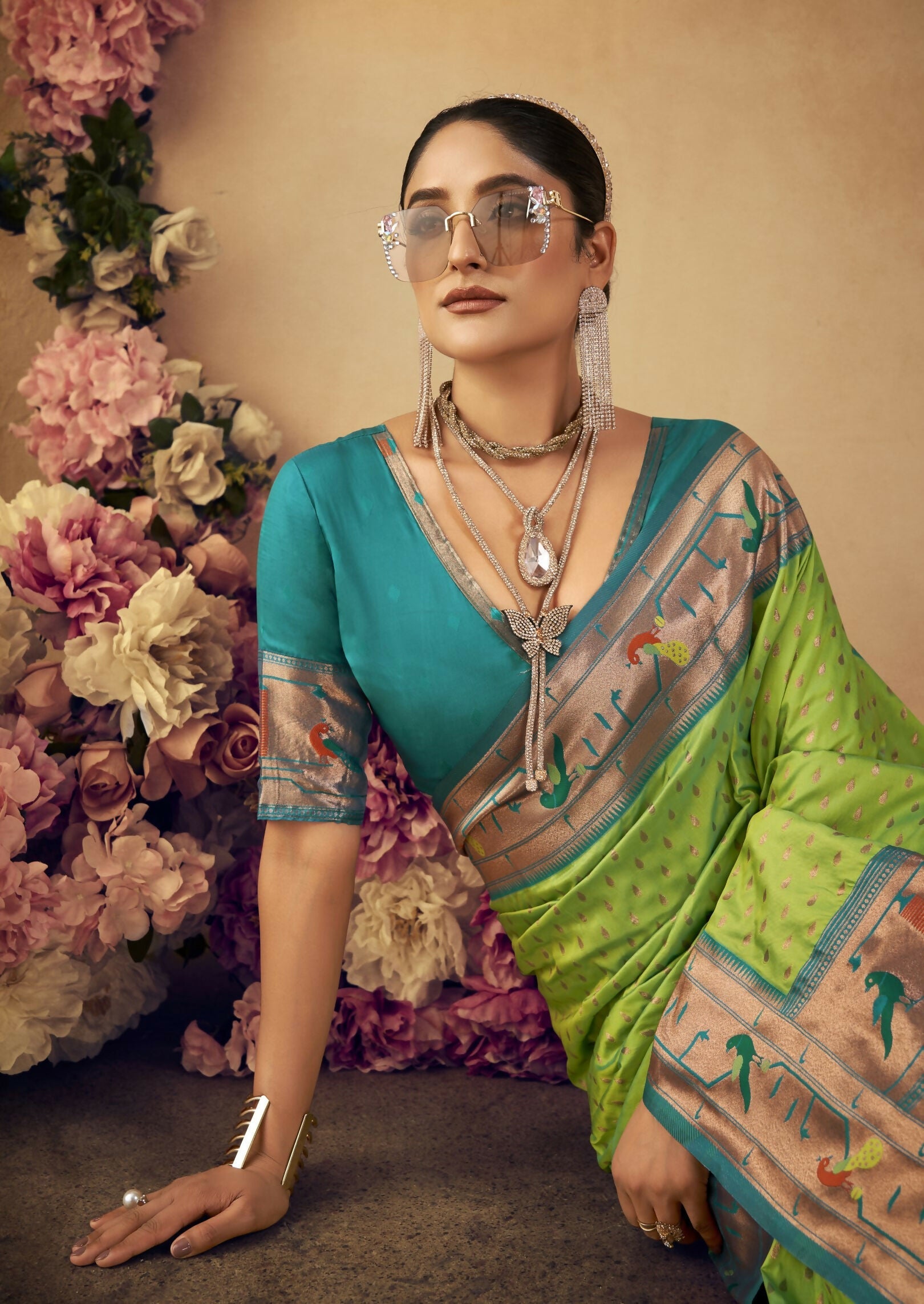 Vishnu Weaves Women's Pista Paithani Silk Saree with Blouse - Swadesiicart