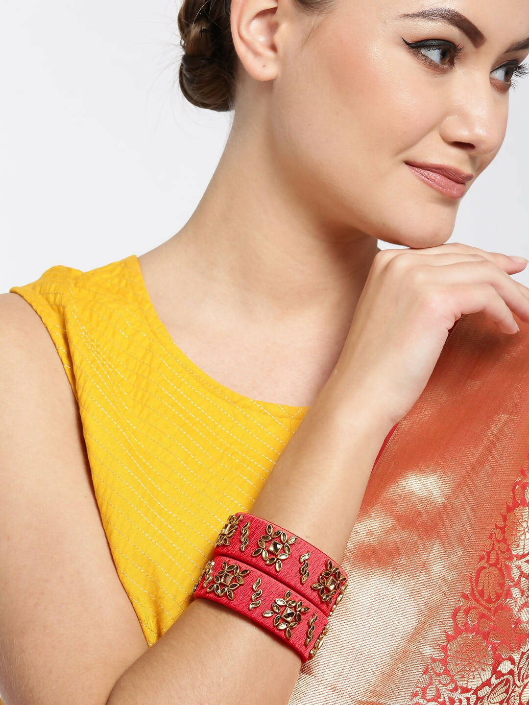Priyaasi Women Set Of 2 Stones Studded Maroon Threaded Broad Bangles in Floral Pattern - Swadesiicart