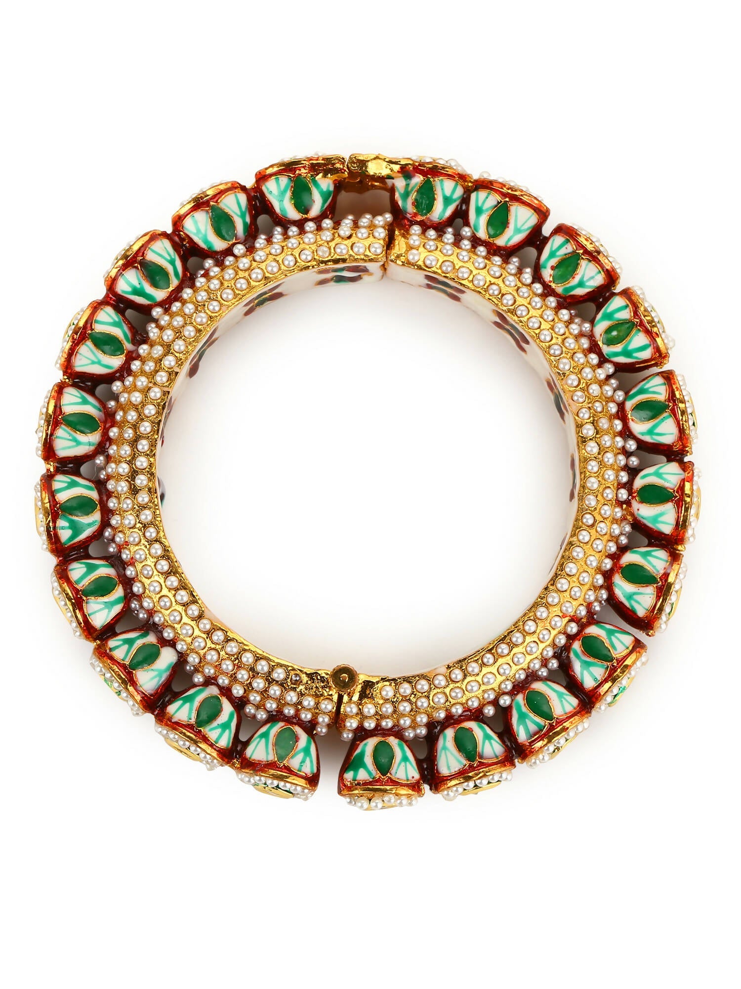 Gold-Polished Green Kundan-Studded Bangle - Ruby Raang - Swadesiicart