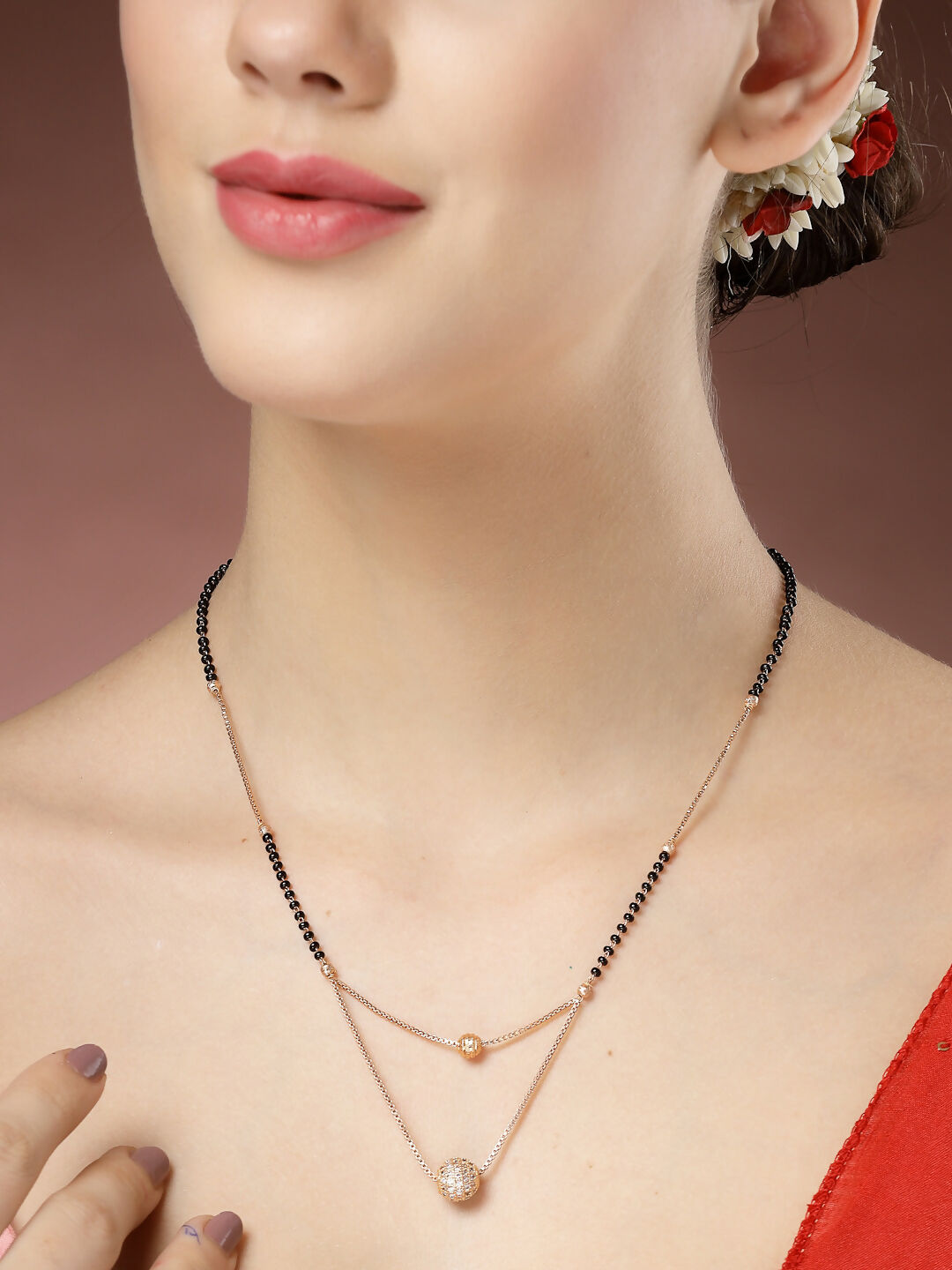 NVR Women's Rose Gold CZ Stone-Studded & Beaded Layered Mangalsutra | Swadesiicart