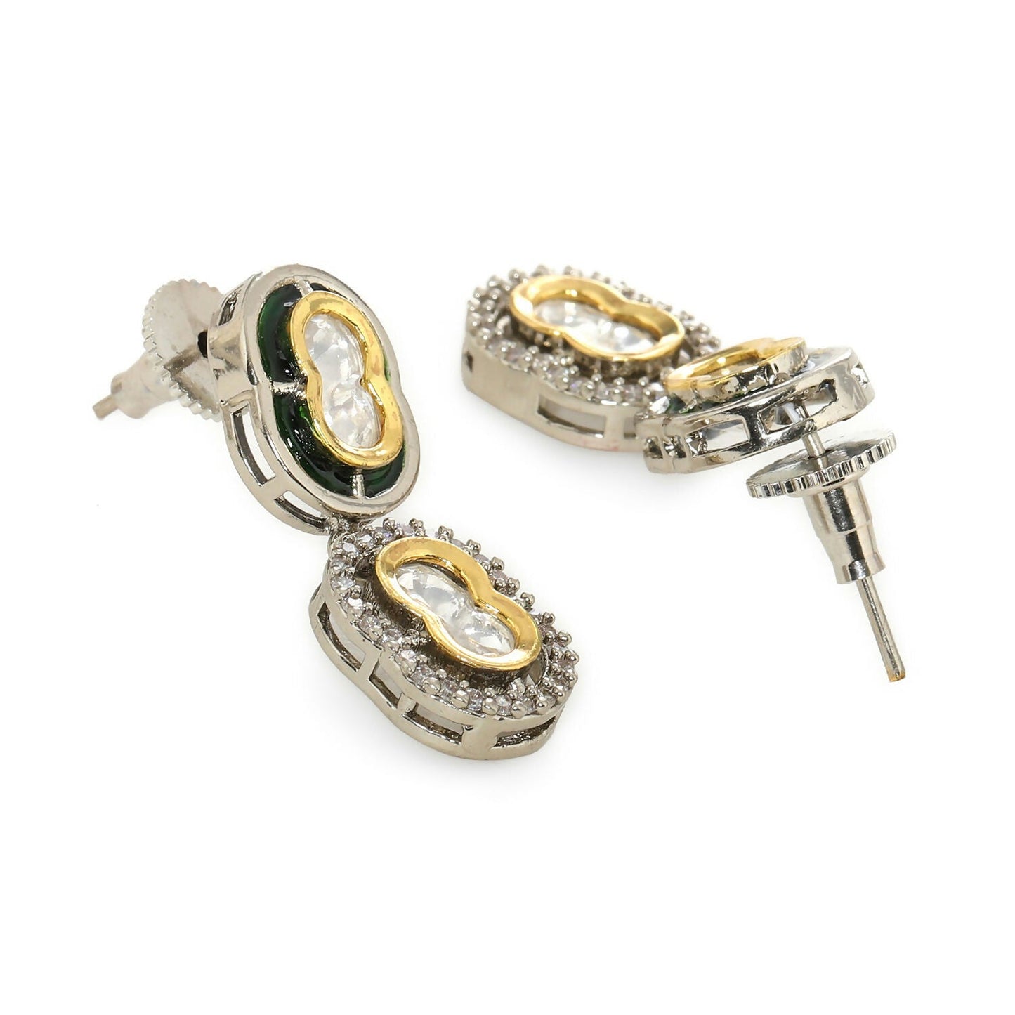 Double Mufli (peanut) Meenakari and Diamond Earrings (Silver) - Ruby Raang | Swadesiicart
